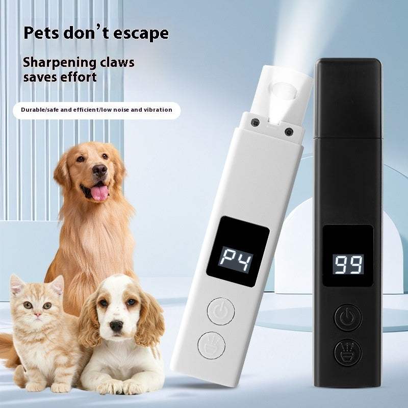 white and black pet electric nail grinder with digital display and dust cover, shown with dog and cat background