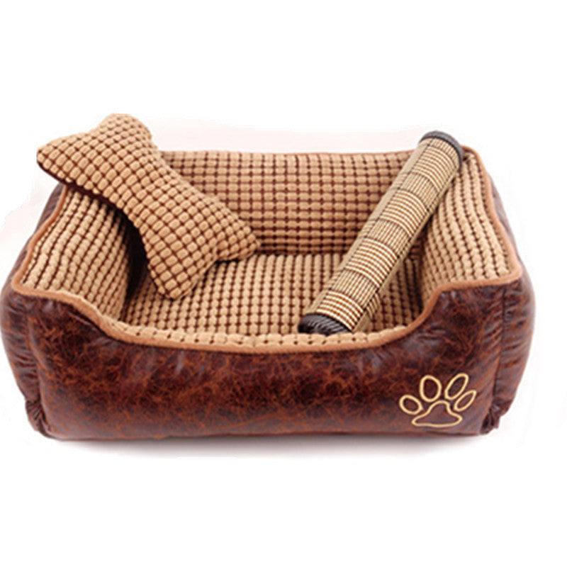 Soft suede bed kennel with cushioned sides and bone-shaped pillow for dogs and cats