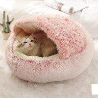 2-in-1 Dog and Cat Plush Bed round warm soft cozy pet bed with raised edges for cats and small dogs in pink