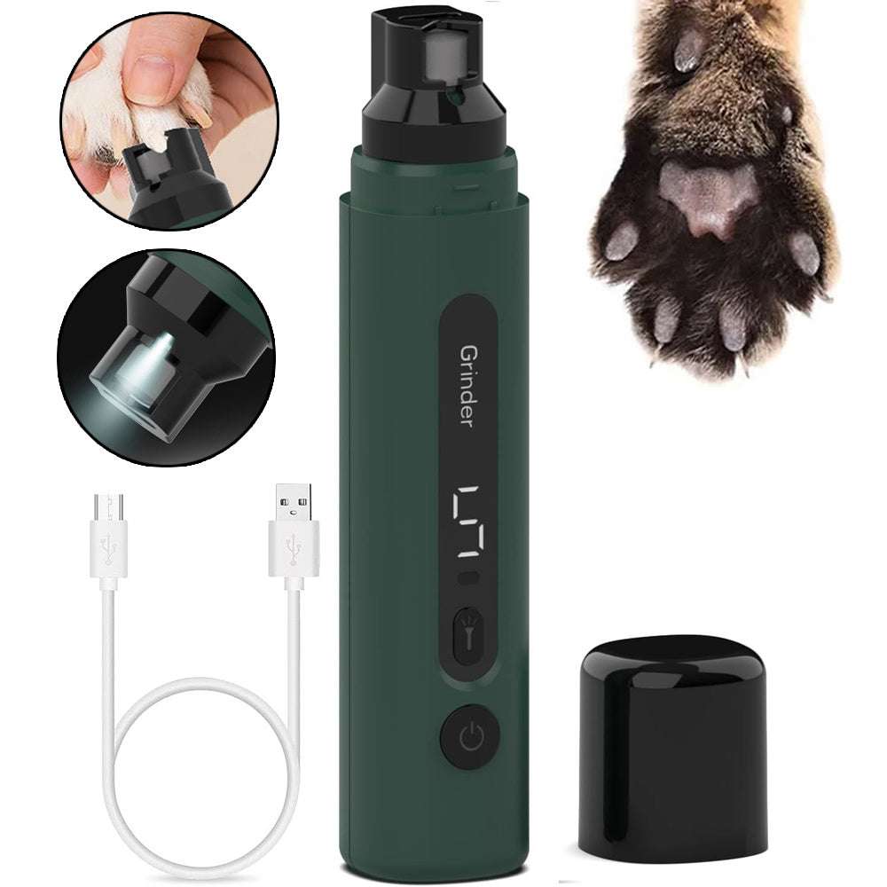 Electric dog nail grinder with LED light and USB charging cable for safe pet nail trimming