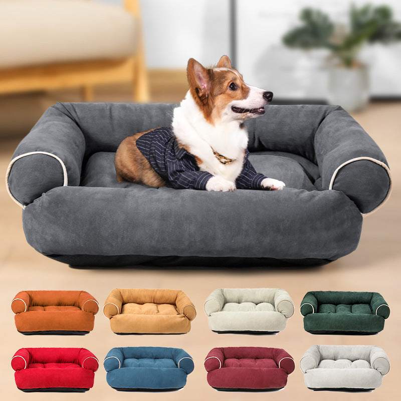 Dog sofa bed sleeping bag in dark gray with cushioned raised edges, shown with a dog reclining, available in nine colors and multiple sizes for cats and dogs