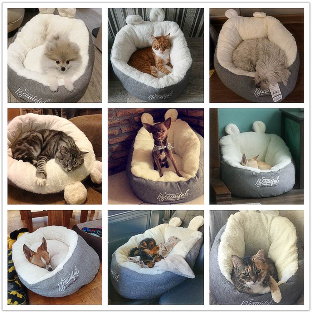 Soft warm pet dog bed with plush fabric and cushioned filling, cozy sleeping bag design ideal for small dogs and cats.