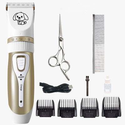 Electric dog hair trimmer with ceramic titanium head, USB charging, four limit combs, scissors, cleaning brush, steel comb, and nail clippers kit