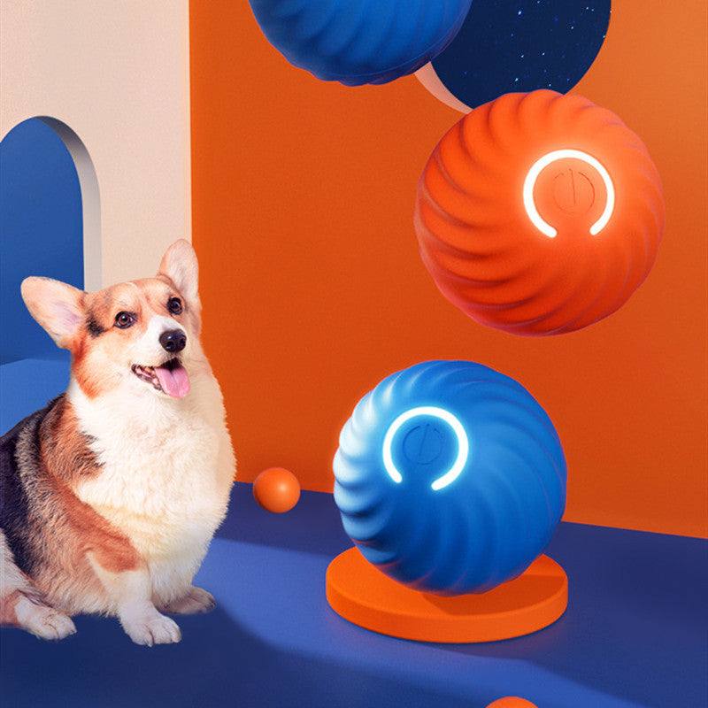 Pet dog rubber ball toy in blue and orange, durable bite-resistant chew ball for interactive play and training with a happy corgi.