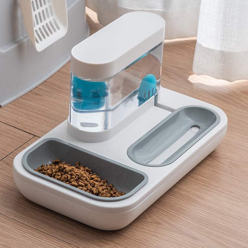 automatic pet cat feeder with water dispenser, double bowl design, 1500ml capacity, white and blue color options